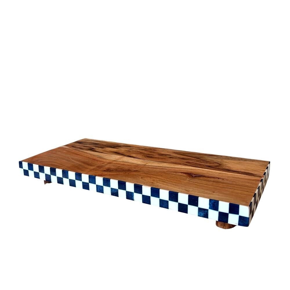 Blue & White Checkered Enameled Mango Wood Serving Tray 15x6.5 Made In India NEW